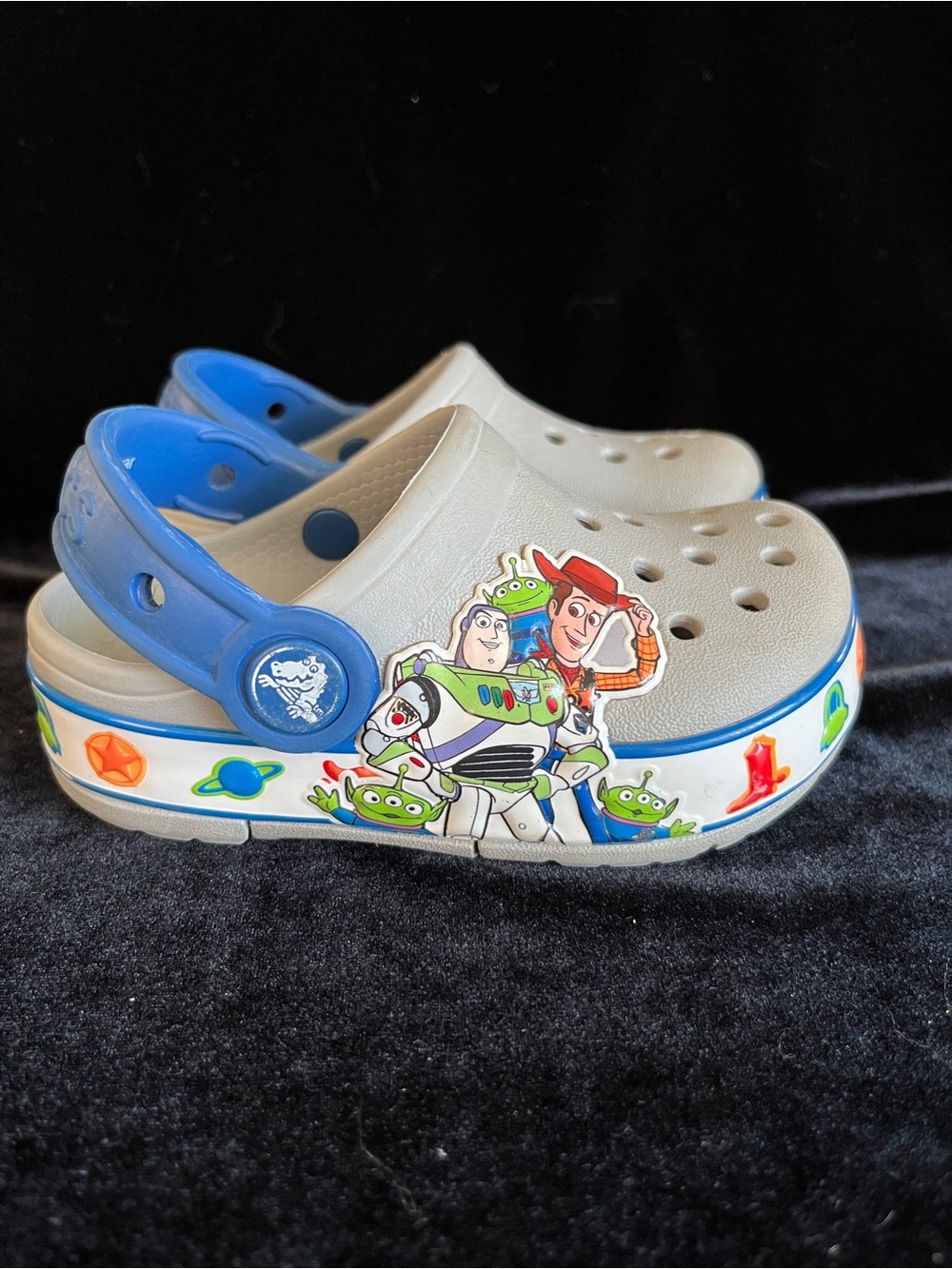 CROCS Kids Light Gray and Blue Toy Story Character Clog Sandals